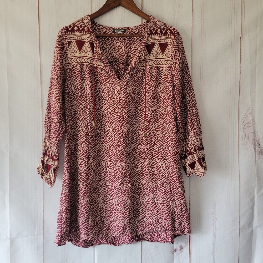 Buckle Billabong Tunic Dress Women’s L, V-Neck, Bell Sleeve, Boho/Aztec Design,
